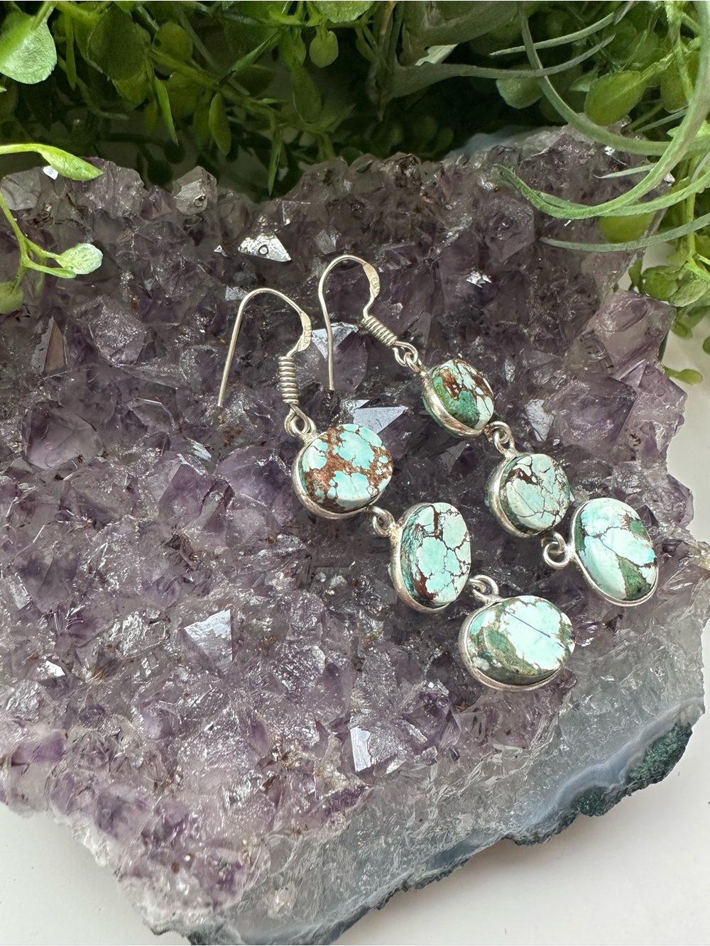 Turquoise Drop Dangle Earrings in Light Blue-Green Sterling Silver 925 - Picture 3 of 7